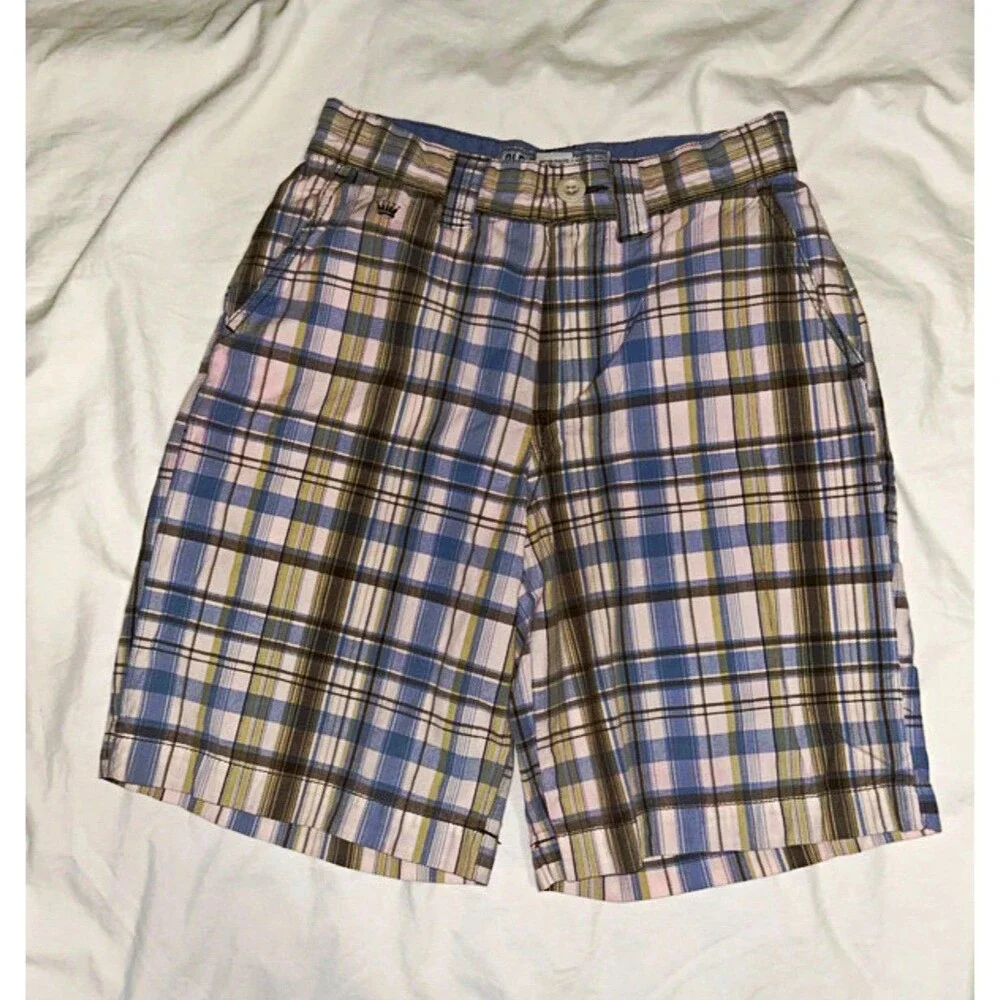 Old Navy Boys Plaid Chino Shorts Size 7 Cotton Zip Pockets Blue White Brown